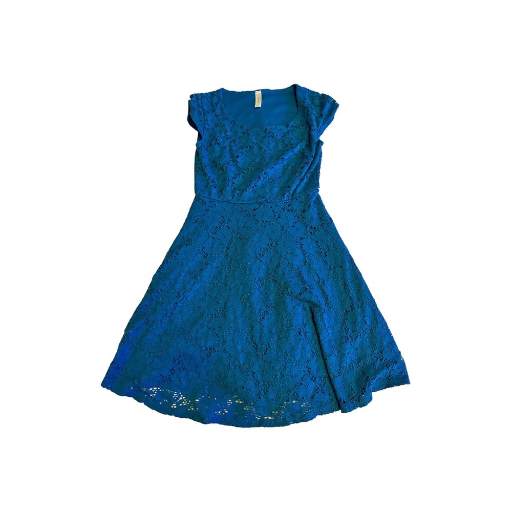 Lovely Day Teal Blue Lace Fit & Flare Dress Scoop Neck Cap Sleeve XS 24" Bust